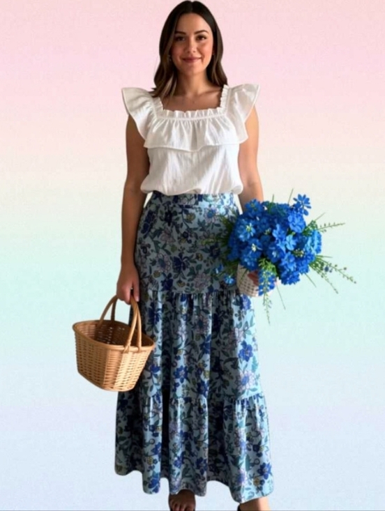 Lands' End Dresses & Skirts - L🍀Blue Floral Tiered Maxi Skirt